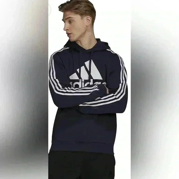 Adidas Men's 3-Stripes Fleece Hooded Sweatshirt Dark Blue - Picture 3 of 10